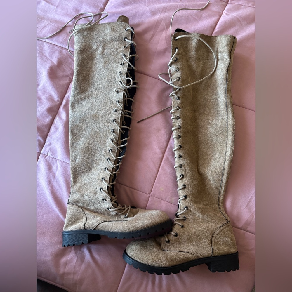 Women's Tan Lace-Up Knee-High Boots